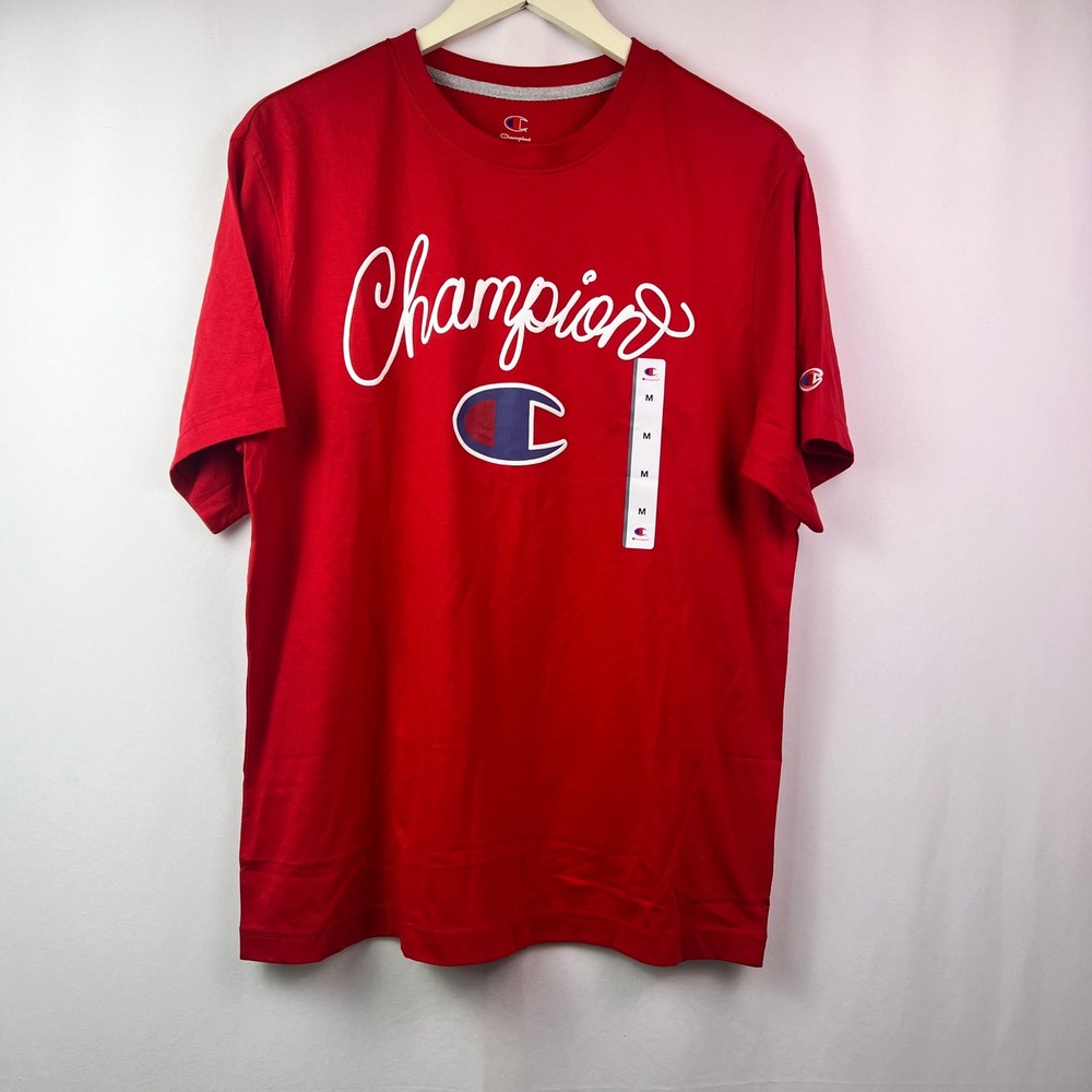 Champion Graphic Tee Red Script Logo T-Shirt Men's Medium Unisex Cotton Blend